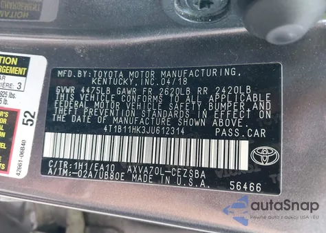 2018 Toyota Camry Se z USA, uszkodzony, nr VIN 4T1B11HK3JU612314